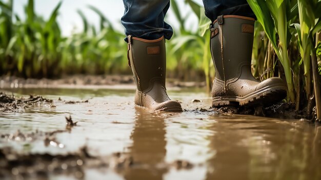 Foto un granjero en un campo inundado con botas de goma