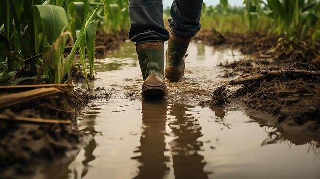 Foto un granjero en un campo inundado con botas de goma