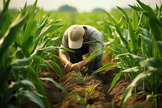 un granjero en un campo de maíz