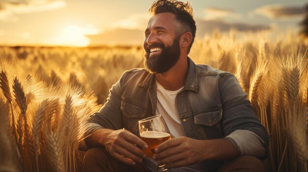 granjero, en el campo, tenencia, cerveza