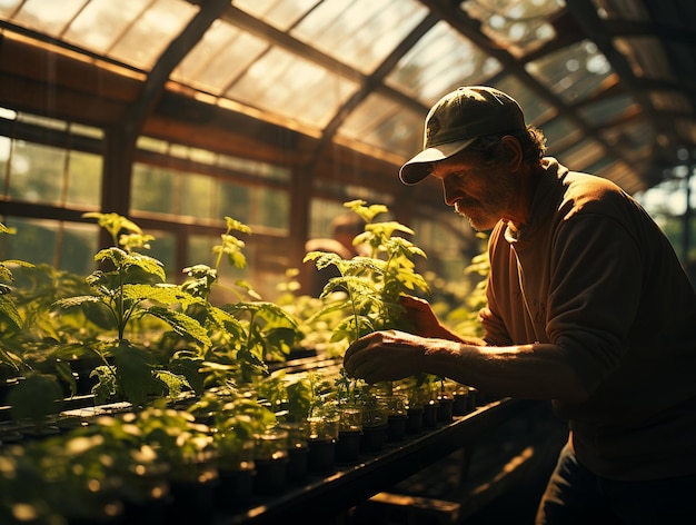 Un granjero caucásico trabaja en un invernadero de granja orgánica Un jardinero sonriente cultiva plantas orgánicas