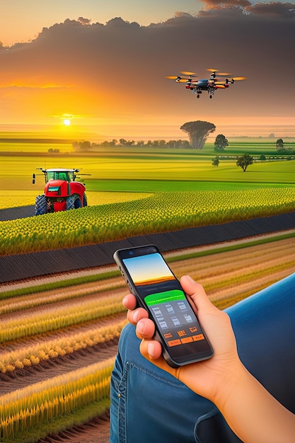 El granjero comienza a usar un controlador de drones o un transmisor de drones como control remoto para pulverizadores agrícolas d