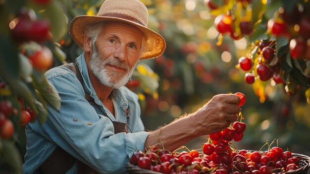 Foto el granjero comprueba la madurez de las cerezas