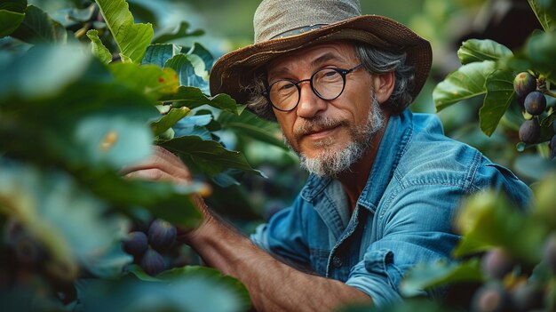 Foto el granjero comprueba la madurez de los higos