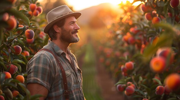 Foto un granjero comprueba la salud de los árboles de nectarino