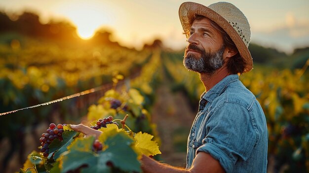 Foto un granjero comprueba la salud de las vides