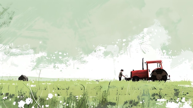 Un granjero conduce su tractor rojo a través de un campo verde exuberante En la distancia se puede ver una pequeña granja