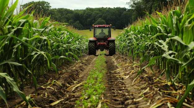 Foto un granjero conduce un tractor a través de un campo de tallos altos de maíz verde que pronto será cosechado y