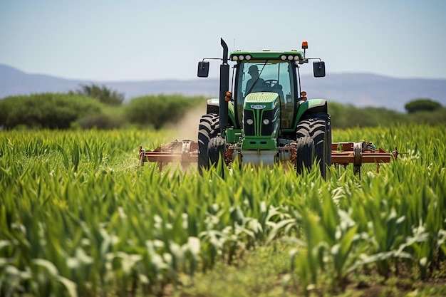 Un granjero conduciendo un tractor a través de un campo de maíz maduro