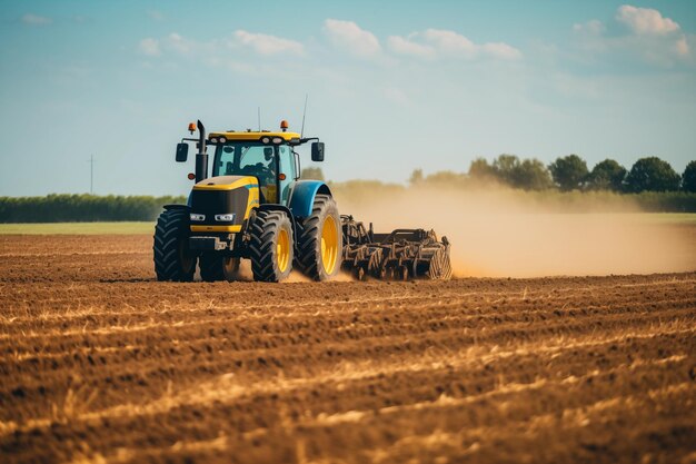 Granjero conduciendo un tractor a través de interminables campos dorados IA generativa