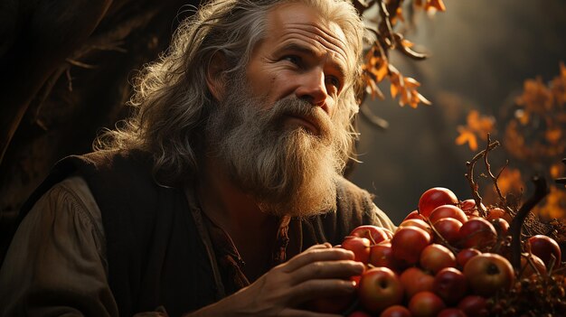 Un granjero cosecha manzanas con una canasta