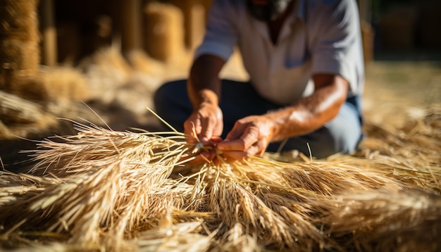 Foto un granjero cosechando trigo tocando el cereal amarillo maduro generado por la ia