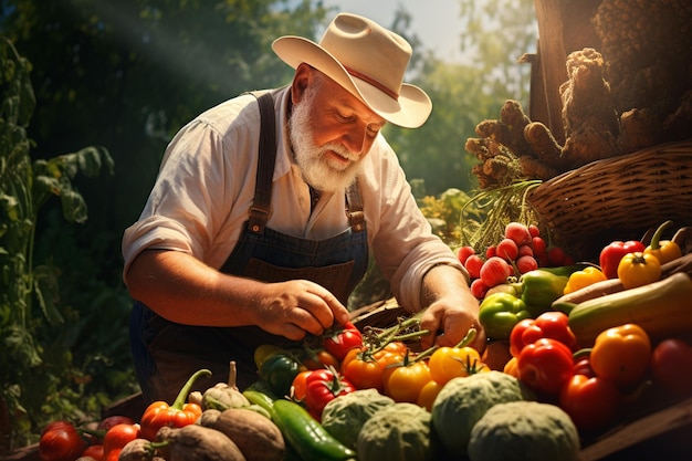 granjero cosechando verduras frescas