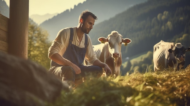 Un granjero cuida sus vacas en una pequeña granja familiar en las montañas La cría de ganado como forma de vida Productos orgánicos