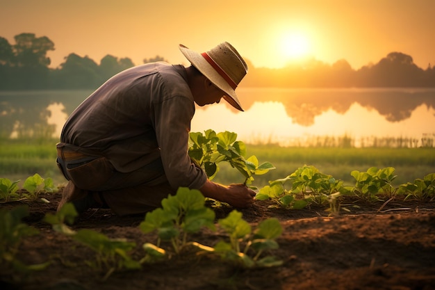 Un granjero cuidando los cultivos en un campo que encarna el trabajo duro y la dedicación de los trabajadores agrícolas