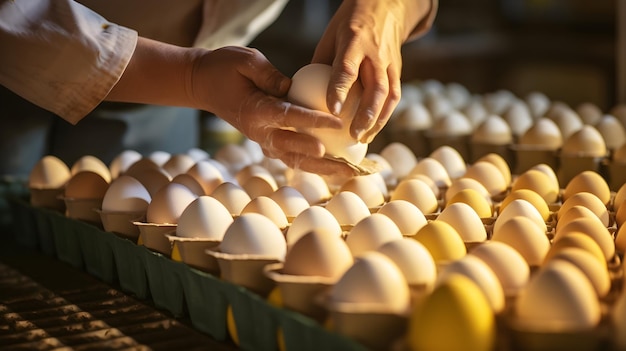 Foto un granjero empacando huevos frescos a mano en cartones