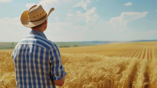 el granjero está mirando el campo de trigo