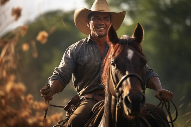 Un granjero está montando un caballo en el bosque durante el día con IA generativa