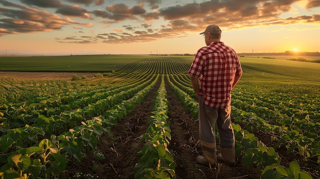 Un granjero está de pie en un exuberante campo de soja verde mirando hacia el horizonte el sol se está poniendo detrás de él proyectando un cálido resplandor sobre la escena
