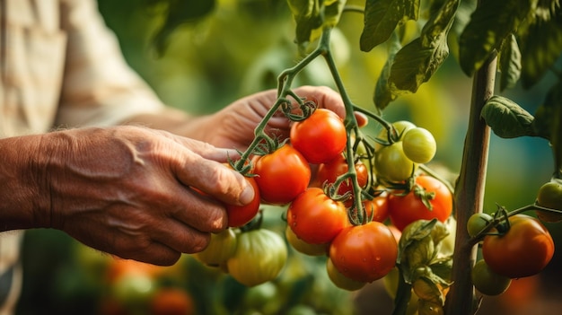 Un granjero examina cuidadosamente los tomates en la vid con las manos empolvadas de tierra para asegurarse de que estén listos para la cosecha