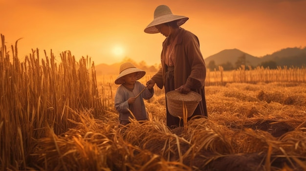 granjero con hija cosechando arroz en un campo al amanecer