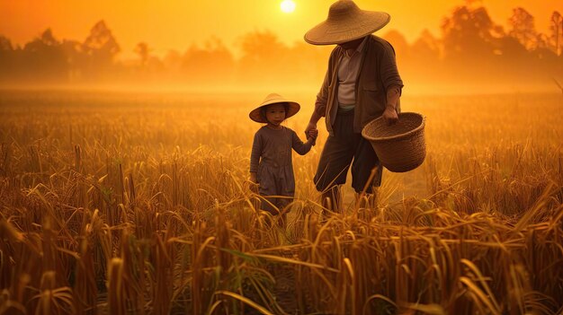 granjero con hija cosechando arroz en un campo al amanecer