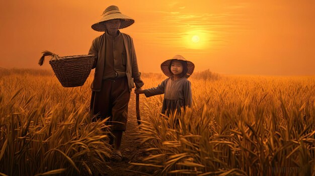 granjero con hija cosechando arroz en un campo al amanecer