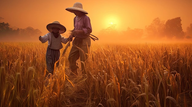 granjero con hija cosechando arroz en un campo al amanecer