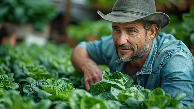 Foto un granjero inspeccionando las filas de bok choy