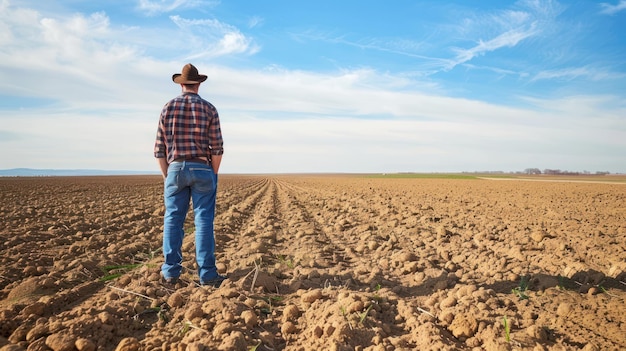 Foto un granjero inspeccionando el suelo recién arado en una vasta tierra de cultivo