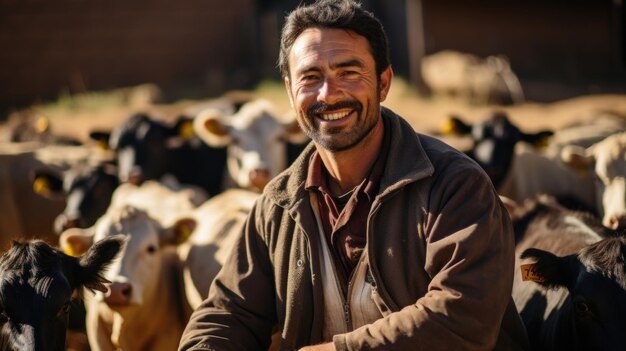 Foto un granjero maduro sonriendo con orgullo con las vacas en su granja en un día soleado