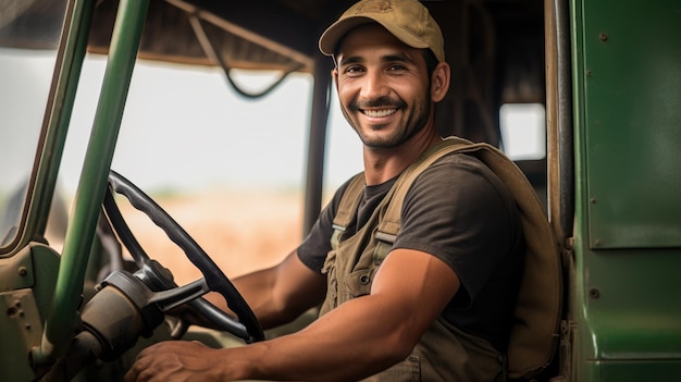 Granjero masculino se sienta en la parte trasera de un tractor