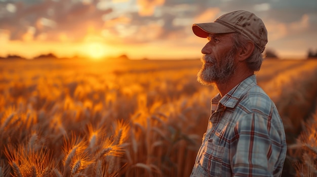 Un granjero mayor de pie en un campo de trigo mirando su cosecha al atardecer