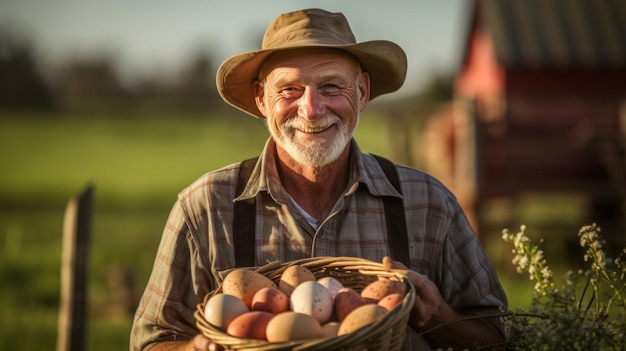 Un granjero mayor sostiene una canasta de huevos de pollo y sonríe felizmente en su granja