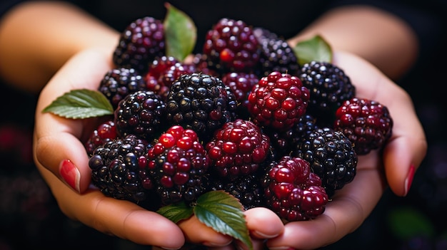 Foto granjero con moras en las manos ia generativa