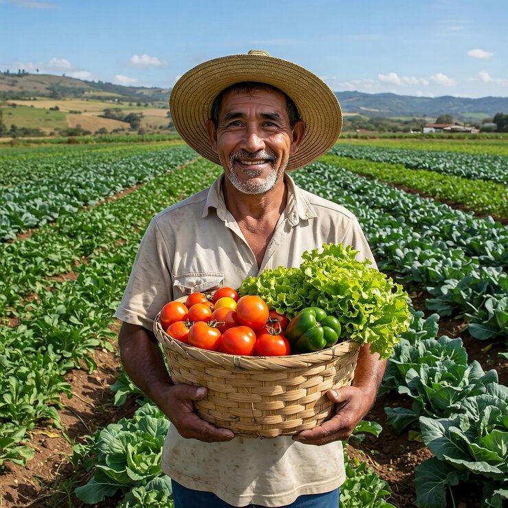 Un granjero con orgullo sosteniendo una canasta llena de verduras recién cosechadas