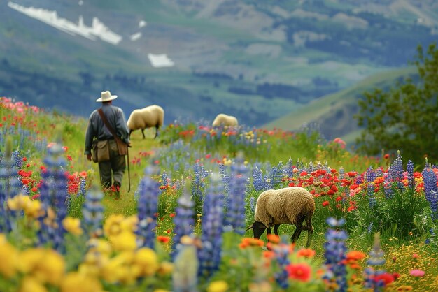 Un granjero pastoreando ovejas en un campo de coloridas flores silvestres