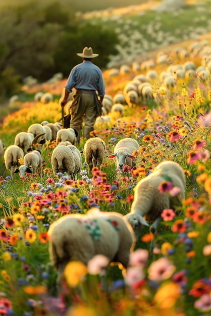 Un granjero pastoreando ovejas en un campo de coloridas flores silvestres