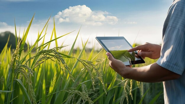 Foto un granjero de pie en un campo de arroz con una tableta