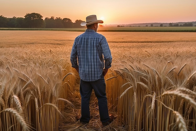 Un granjero de pie en un campo de trigo al atardecer