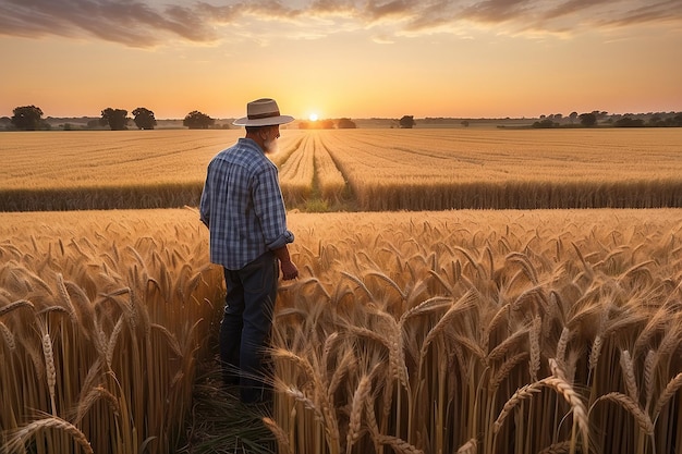 Un granjero de pie en un campo de trigo al atardecer