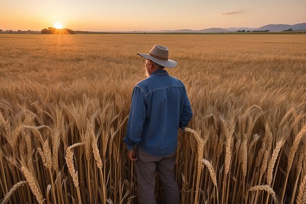 Un granjero de pie en un campo de trigo al atardecer