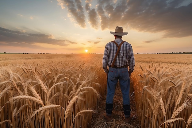 Un granjero de pie en un campo de trigo al atardecer