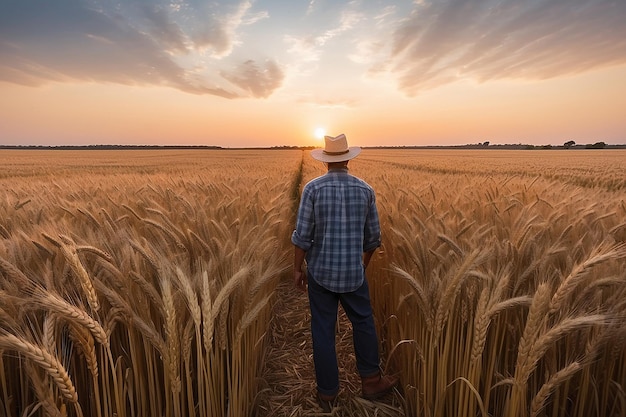 Un granjero de pie en un campo de trigo al atardecer