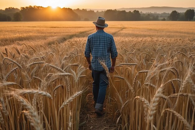 Un granjero de pie en un campo de trigo al atardecer