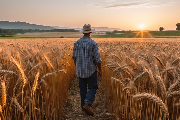 Un granjero de pie en un campo de trigo al atardecer