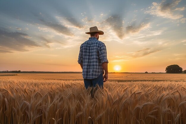 Un granjero de pie en un campo de trigo al atardecer