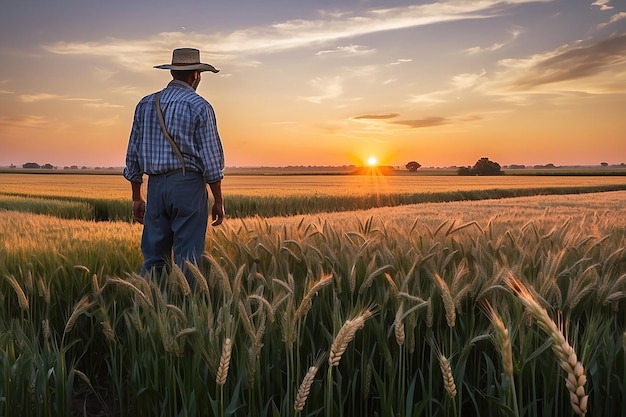 Un granjero de pie en un campo de trigo al atardecer