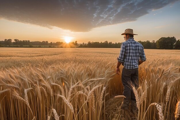 Un granjero de pie en un campo de trigo al atardecer