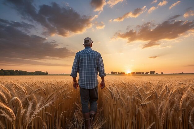 Un granjero de pie en un campo de trigo al atardecer